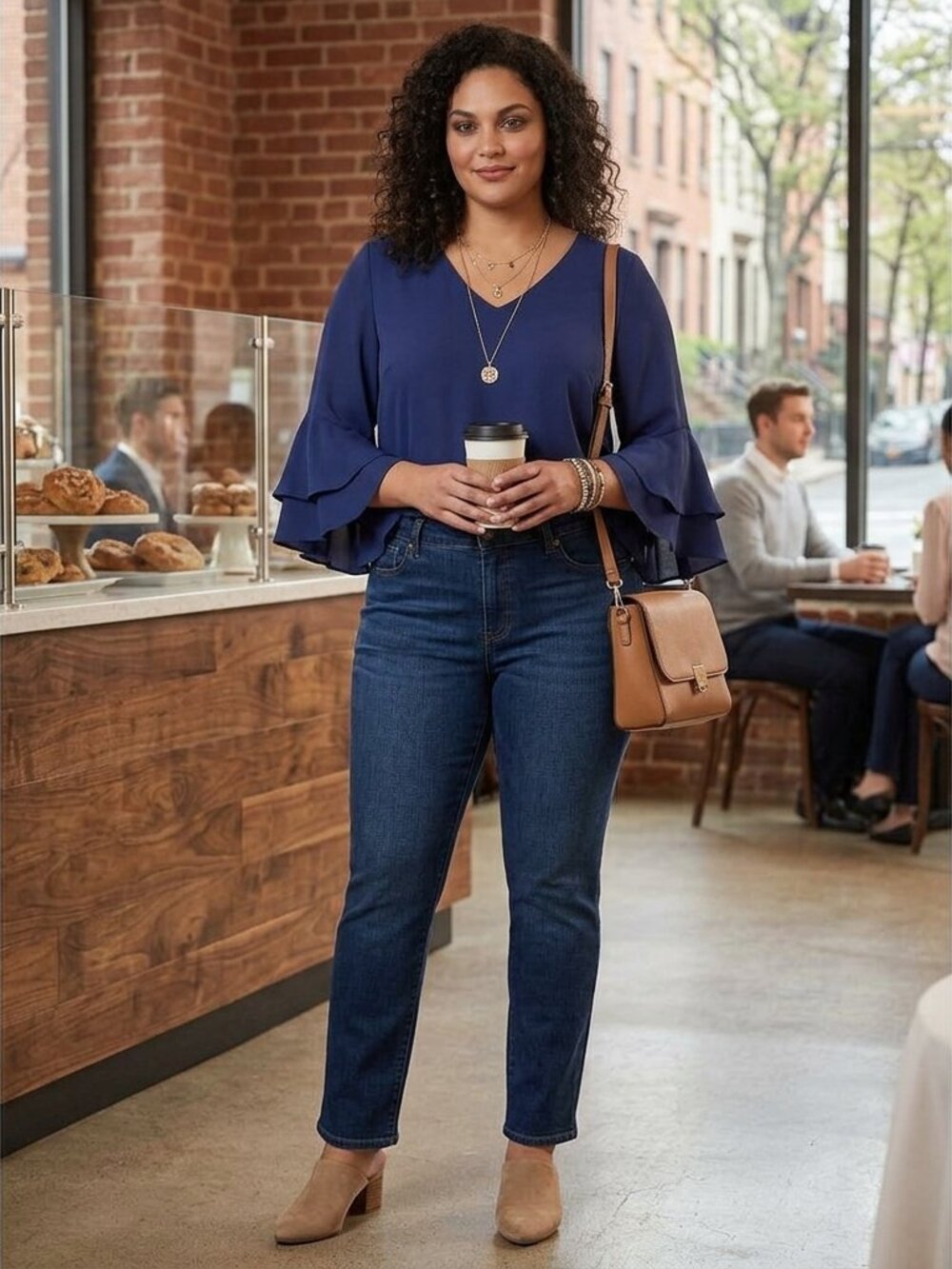 Eloquii Deep Blue Ruffle Sleeve Flowy Blouse 3624